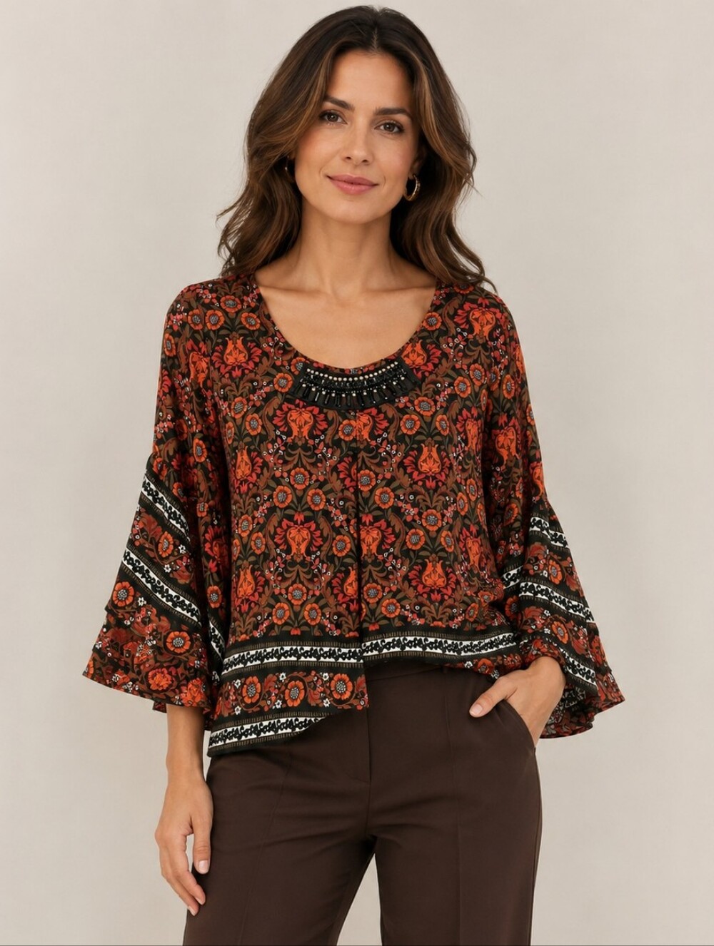 Relativity Boho Floral Bell Sleeve Blouse Black Orange Beaded Neckline